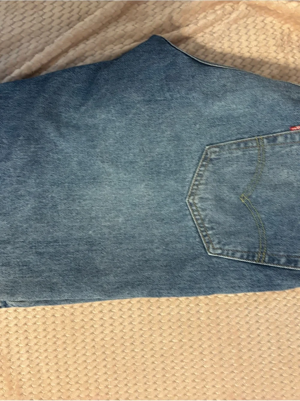 Levi's blue denim jean shorts 526 with tan leather patch